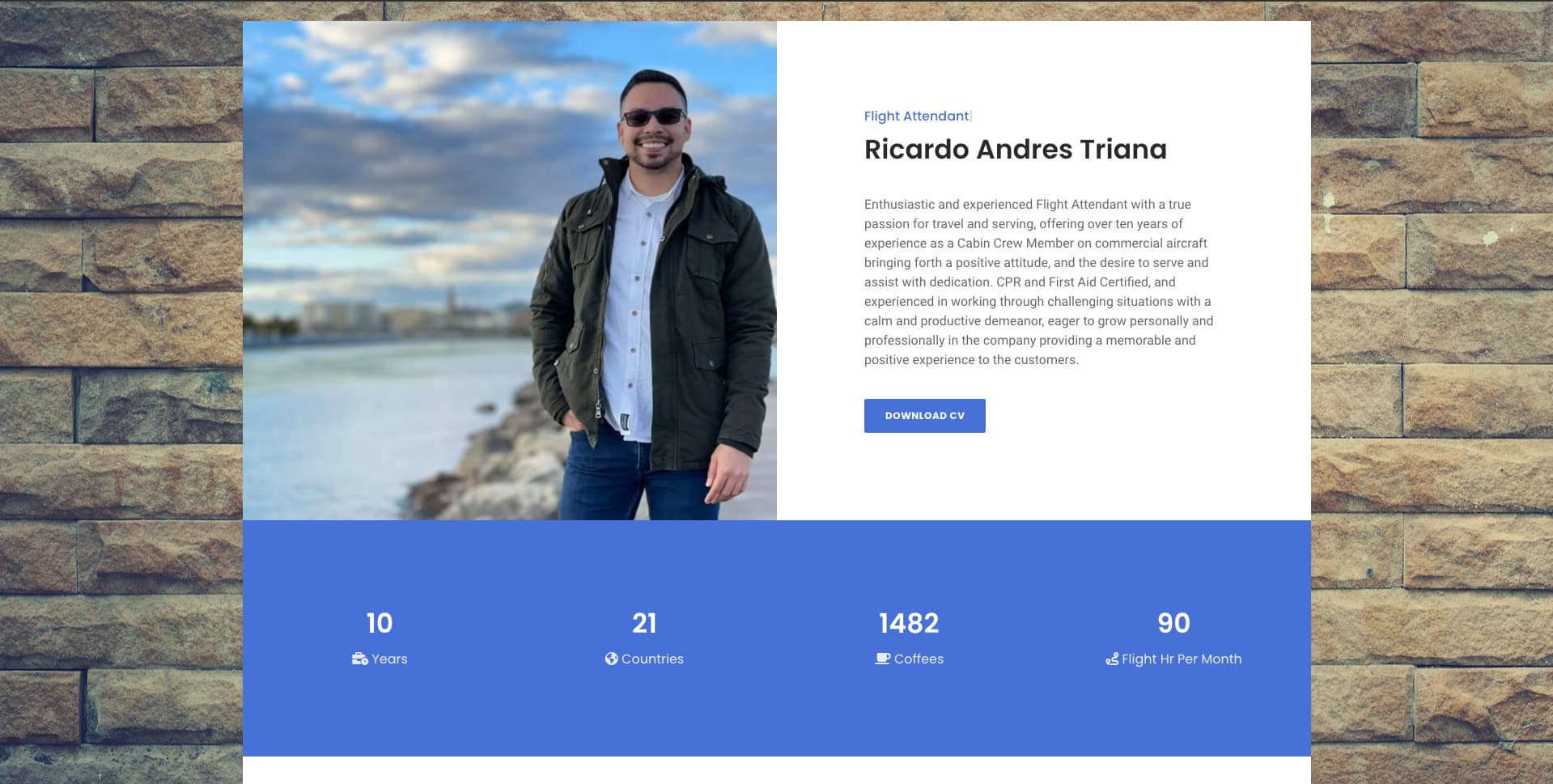 Ricardo Andres Triana personal portfolio website with portrait, biography, and Download CV button