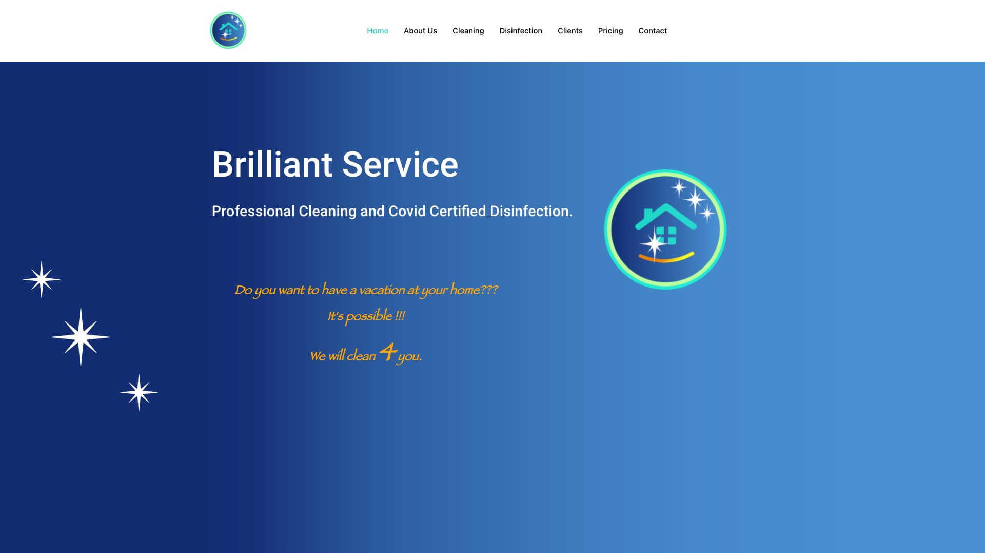 Brilliant Service website with a blue service introduction, house-themed logo, and navigation