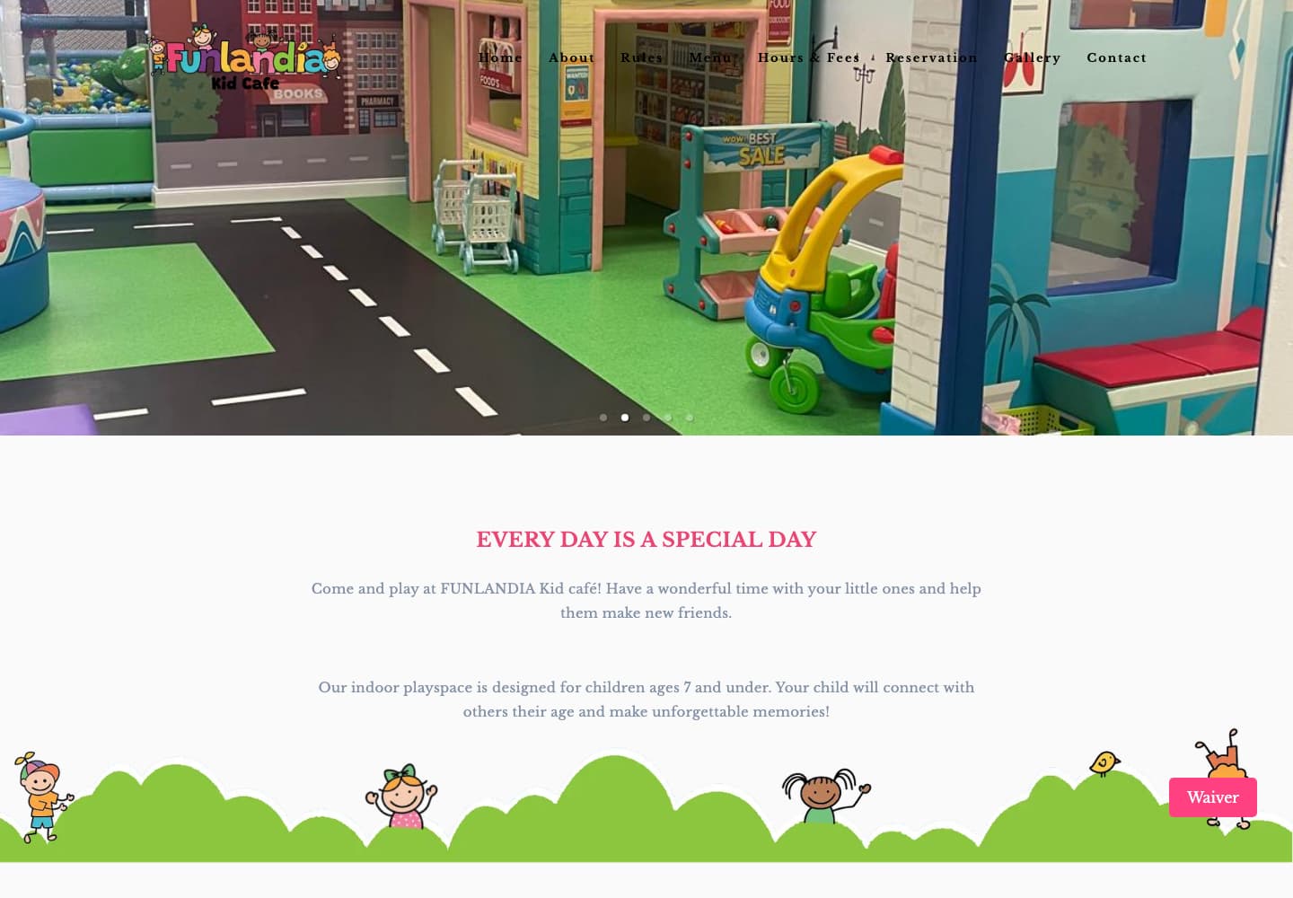 Funlandia Kid Cafe homepage showing the play area, business navigation, and visitor introduction