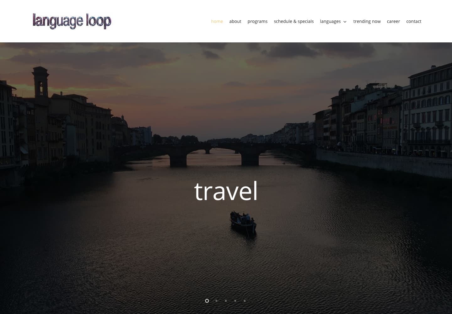 Language Loop Chicago homepage with school branding, navigation, and a travel-themed hero