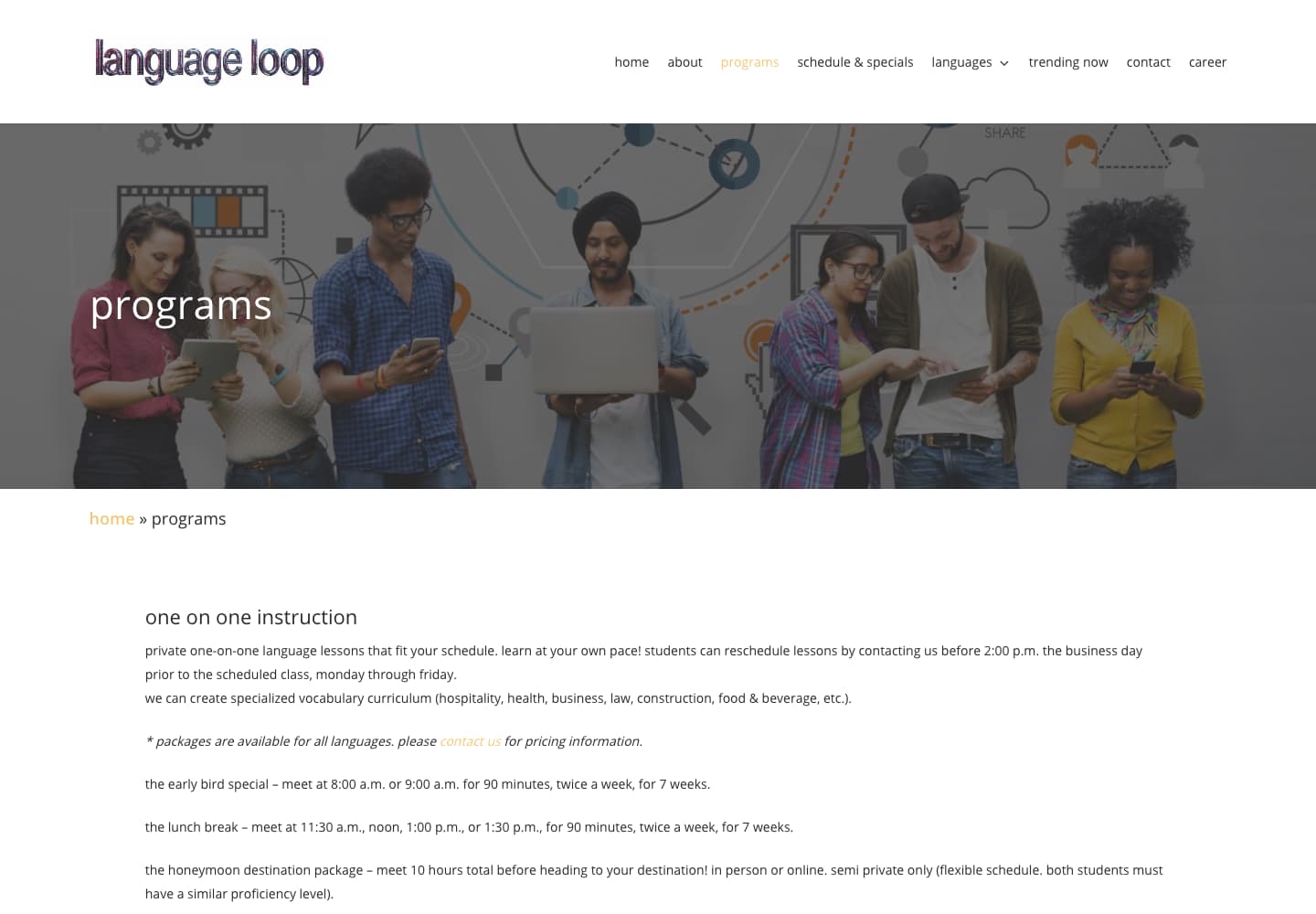 Language Loop New York program page showing its current content layout