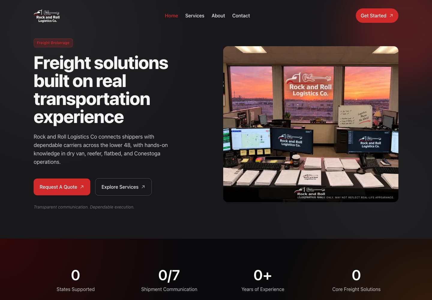 Rock and Roll Logistics homepage with freight brokerage introduction and quote and service links