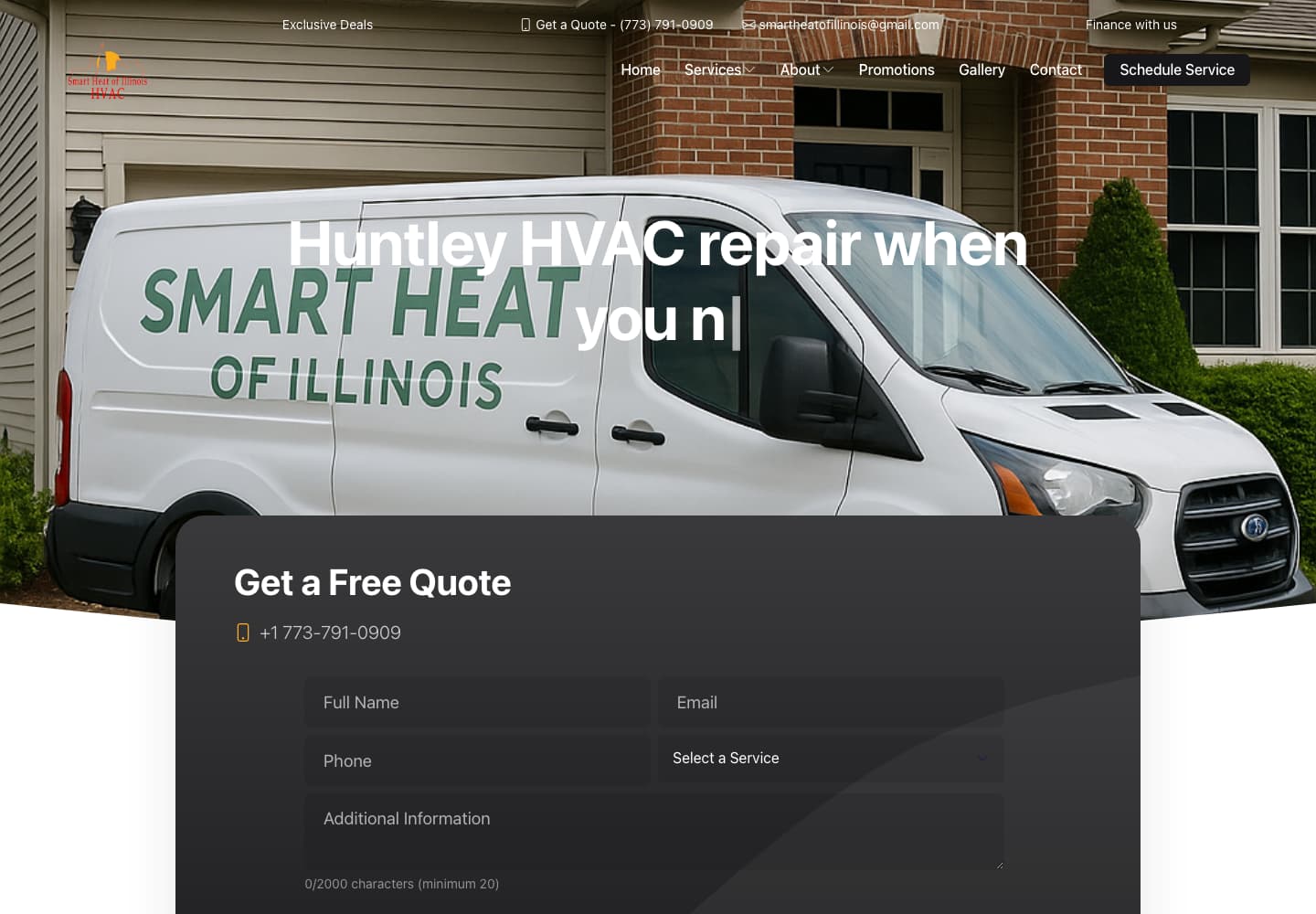 Smart Heat of Illinois homepage showing the branded service vehicle and quote-request interface